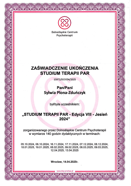 CERTYFIKAT Studium Terapii Par 1